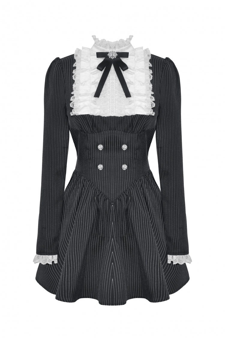 Black/White Striped Ruffled Lace Stand Collar Bow Long Sleeves Lace-Up Women's Gothic Lolita Graduation Dress - Product - 3