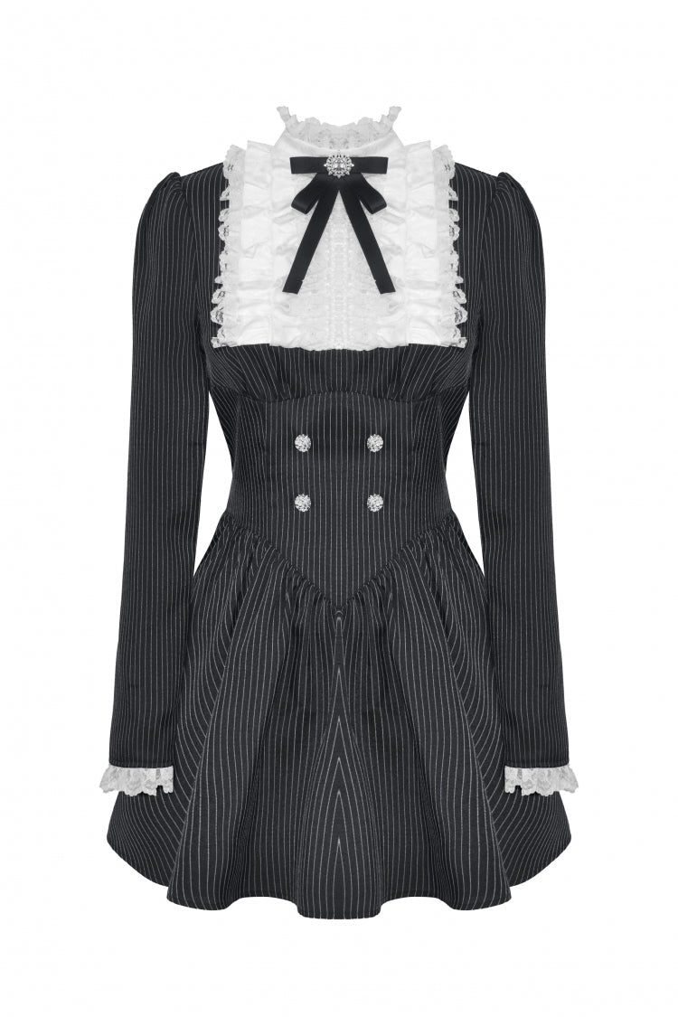 Black/White Striped Ruffled Lace Stand Collar Bow Long Sleeves Lace-Up Women's Gothic Lolita Graduation Dress - Product - 3