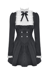 Black/White Striped Ruffled Lace Stand Collar Bow Long Sleeves Lace-Up Women's Gothic Lolita Graduation Dress - Product - 3