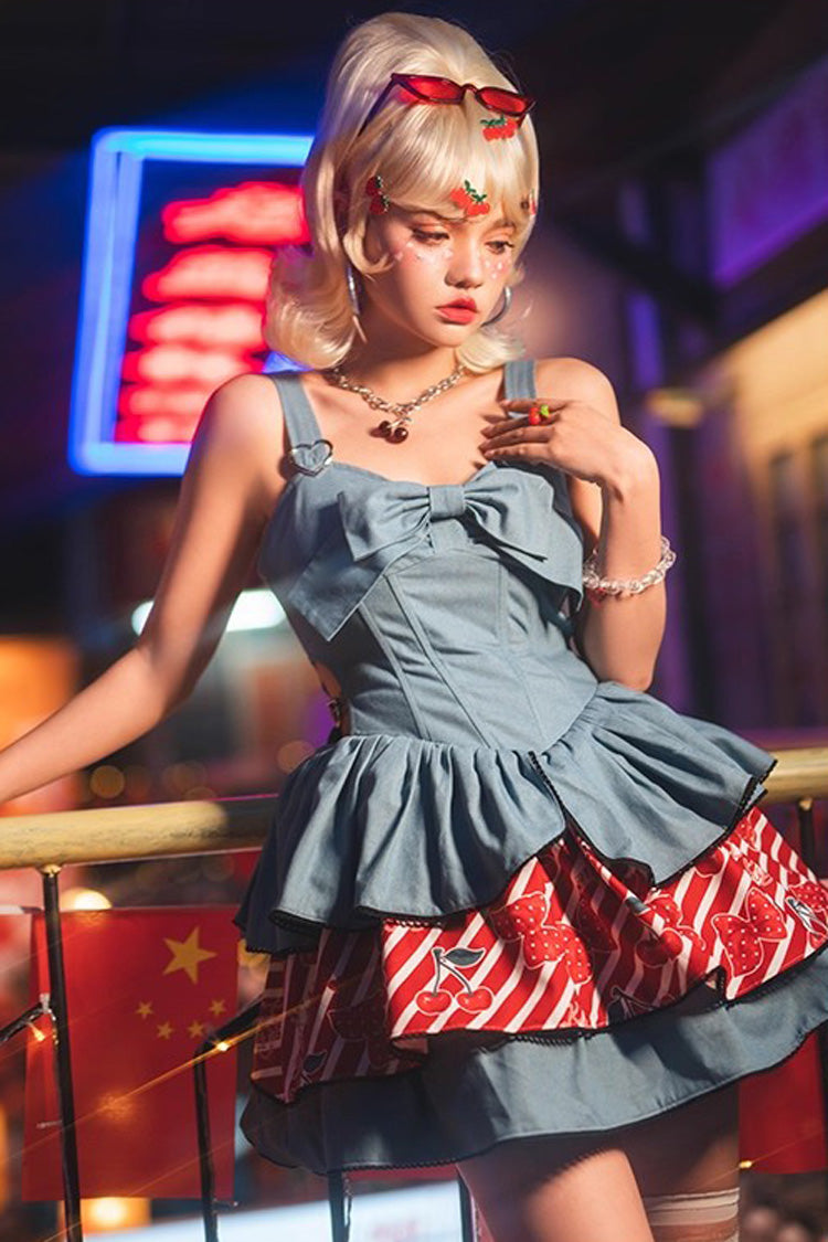 Blue Cherry Sleeveless Triple-Layered Print Ruffle Bowknot Denim Sweet Japanese Vintage (Dress Only) detail view 8