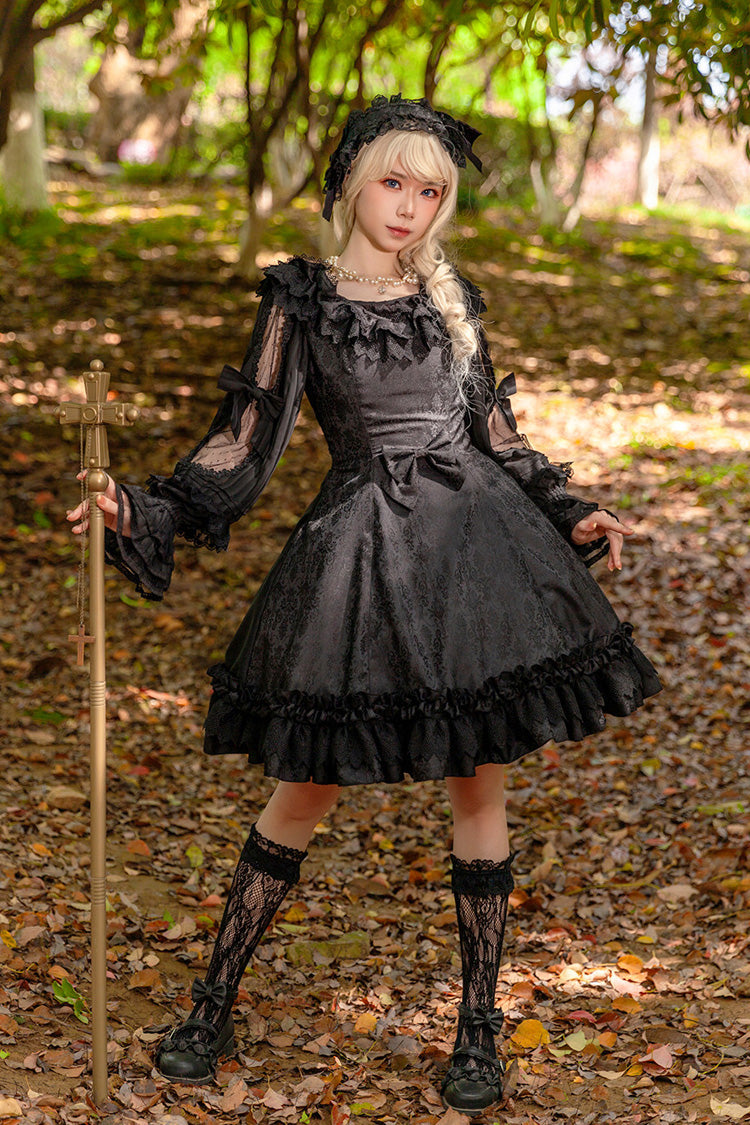 Black [Floral Canon] Round Collar Sleeveless Jacquard Printed Ruffled Bow Gothic Lolita Jsk Dress - Product - 4
