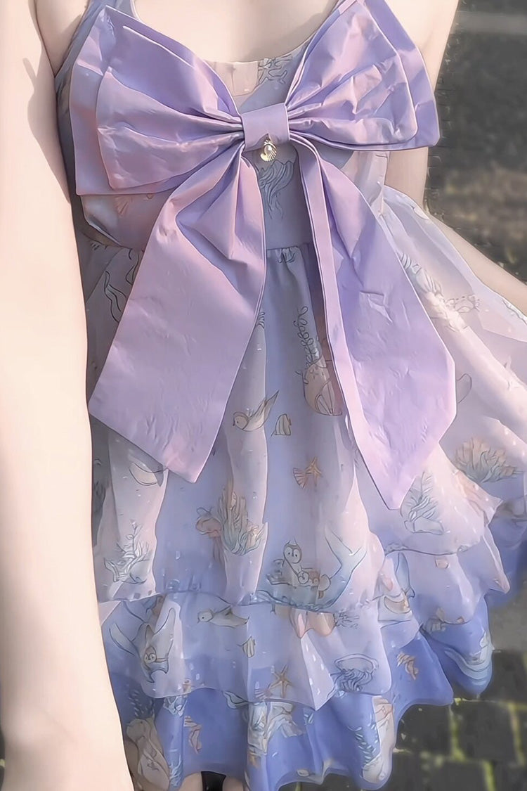 [Ocean Sweetheart] Halterneck Sleeveless Triple-Layered Printed Ruffled Bow Lace Sweet Lolita Strap Dress 5 Colors - Product - 7
