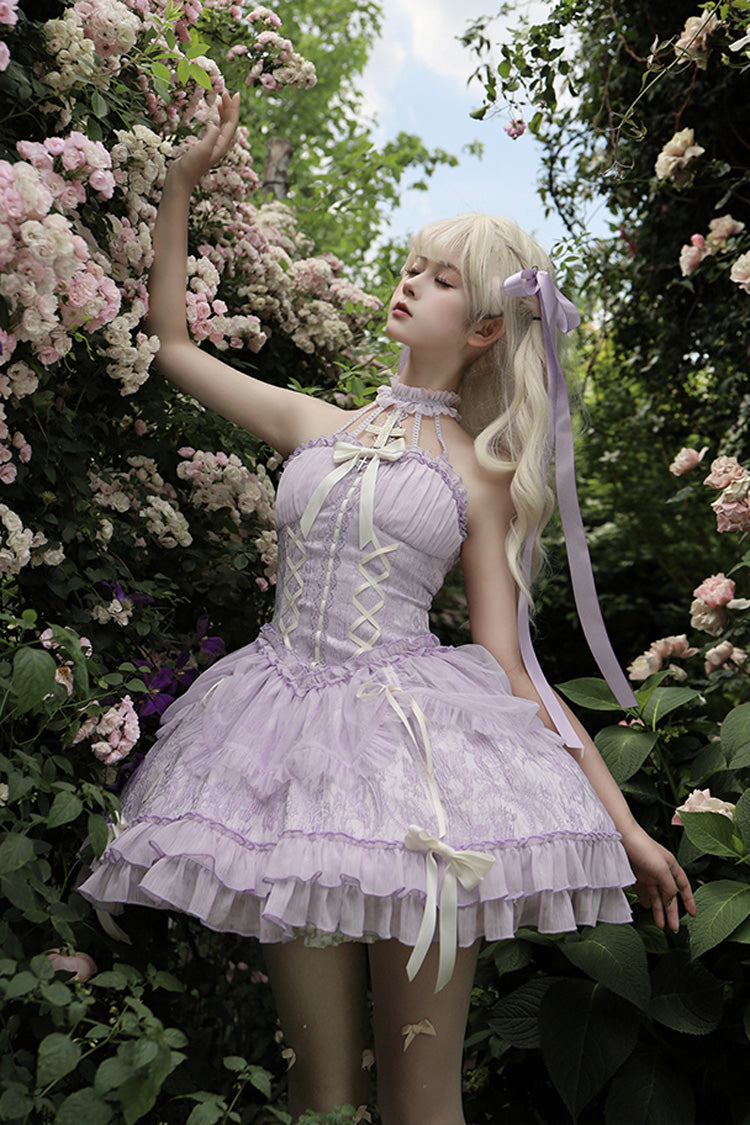Purple Tube Top Sleeveless Ruffle Bowknot Gothic Lolita Jsk Tiered Dress - Product - 6
