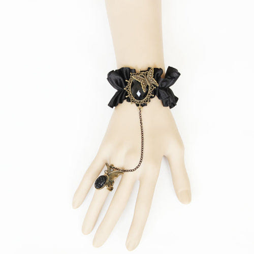 Black Retro Fashion Silk Cloth Gemstone Butterfly Design Female Gothic Lolita Ring Bracelet - Product - 2