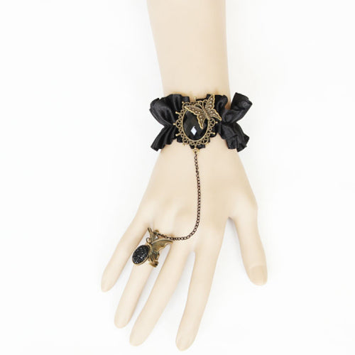 Black Retro Fashion Silk Cloth Gemstone Butterfly Design Female Gothic Lolita Ring Bracelet - Product - 2