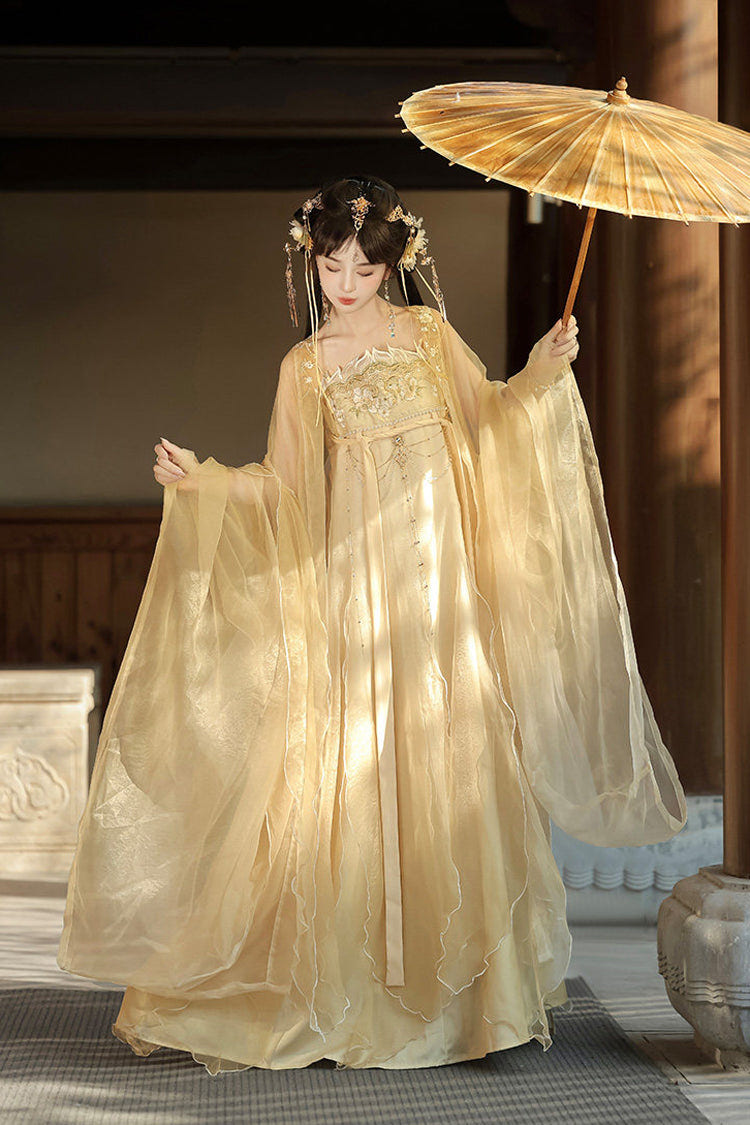 Yellow [Dancing] Hime Sleeves High Waisted Embroidered Women's Classic Hanfu Dress Set - Product - 3