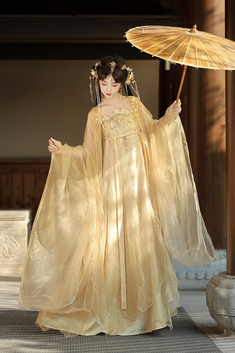 Yellow [Dancing] Hime Sleeves High Waisted Embroidered Women's Classic Hanfu Dress Set - Product - 3