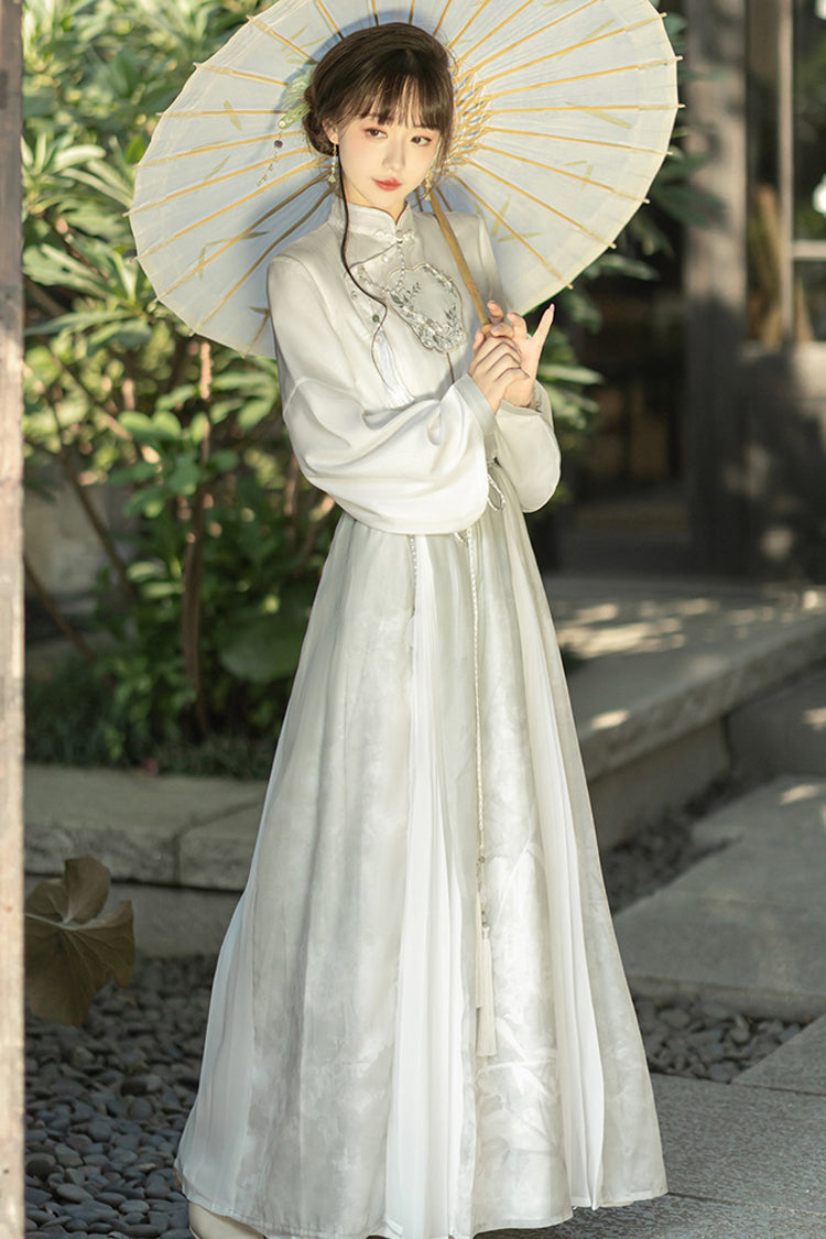 Green Stand Collar Lantern Sleeves High Waisted Embroidery Sweet Chinese Style Hanfu Skirt And Blouse Set - Product - 4