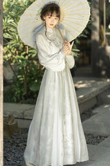 Green Stand Collar Lantern Sleeves High Waisted Embroidery Sweet Chinese Style Hanfu Skirt And Blouse Set - Product - 4