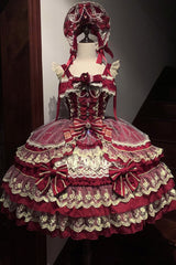 Red [Crown of Gems] Triple-Layered Ruffle Bowknot Lace Sweet Gorgeous Lolita Jsk Dress - Product - 3