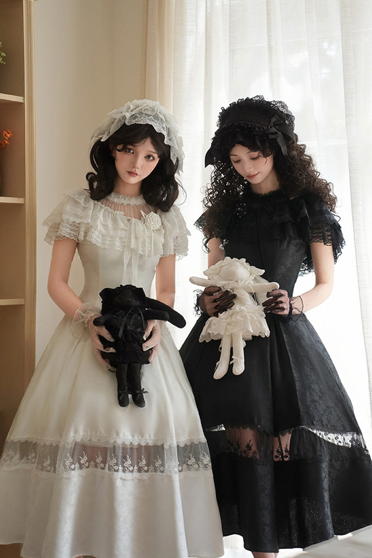 White [Flowers in the Mist] Off Shoulder Halterneck Print Ruffle Gothic Elegant Lolita Dress - Product - 11