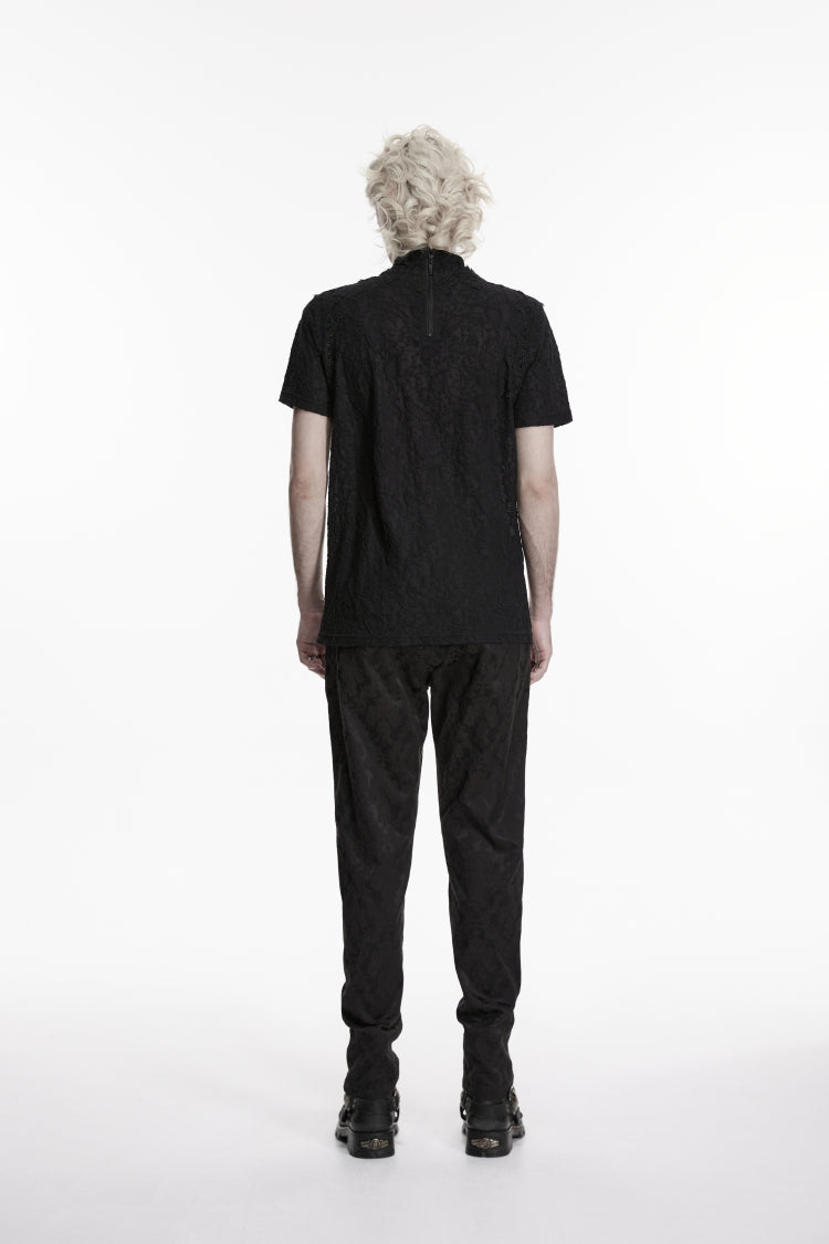 Black High Collar Short Sleeves Spliced Pleated Men's Gothic Shirt - Product - 2