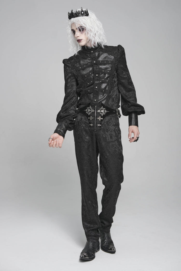 Black Stand Collar Long Lantern Sleeves Floral Print Embroidery Men's Gothic Blouse - Product - 10