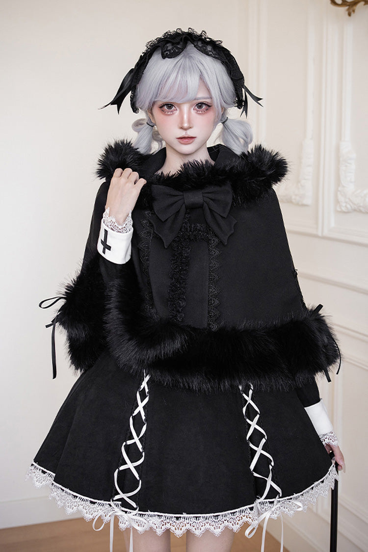 Black/White [Rose Doll] Square Collar Long Sleeves Bowknot Lace-Up Gothic Lolita Dress Set 2 Versions - Product - 18