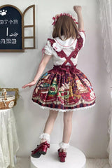 Red [Rabbit and Bear Feast] Print Ruffle Bowknot Sweet Lolita Skirt - Product - 6