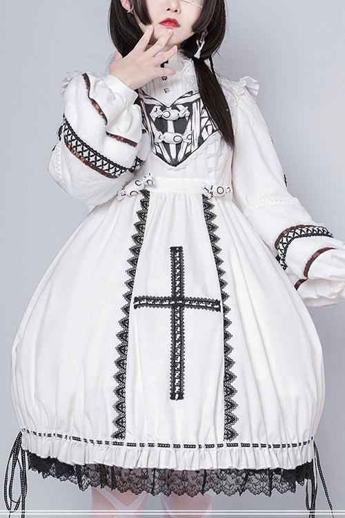 Beige Detachable Hat High Neck Woolen Cuffs Demon Rabbit Gothic Lolita OP Dress - Beige - 1