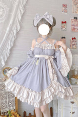 Grey [Monet Estate] Sleeveless High Waisted Ruffle Bowknot Asymmetric Sweet Lolita Jsk Dress - Product - 4