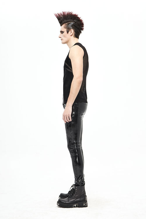 Black Punk Circuit Printed High Quality Stretchy Leather Tight Mens Pants - Product - 7