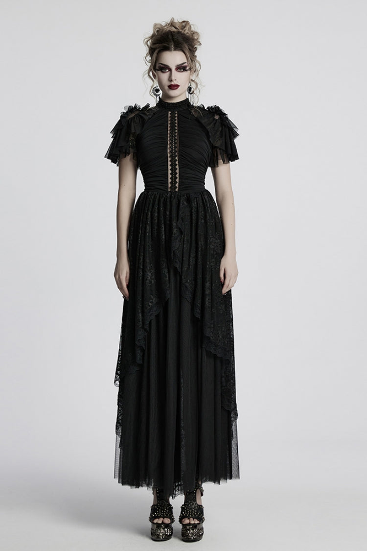 Black Short Sleeves Ruffle Stitching Lace Women's Gothic Layered Ball Gown Dress - Black - 1