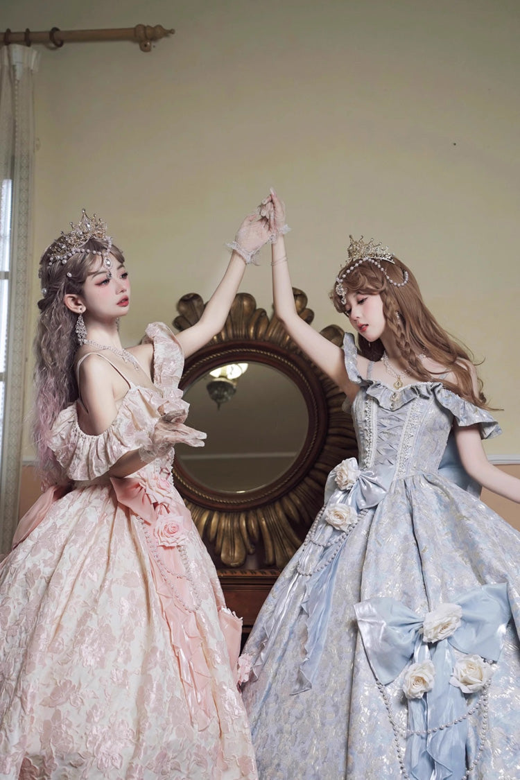 Off Shoulder Print Hanayome Embroidery Bowknot Sweet Princess Lolita Dress 2 Colors - Product - 3