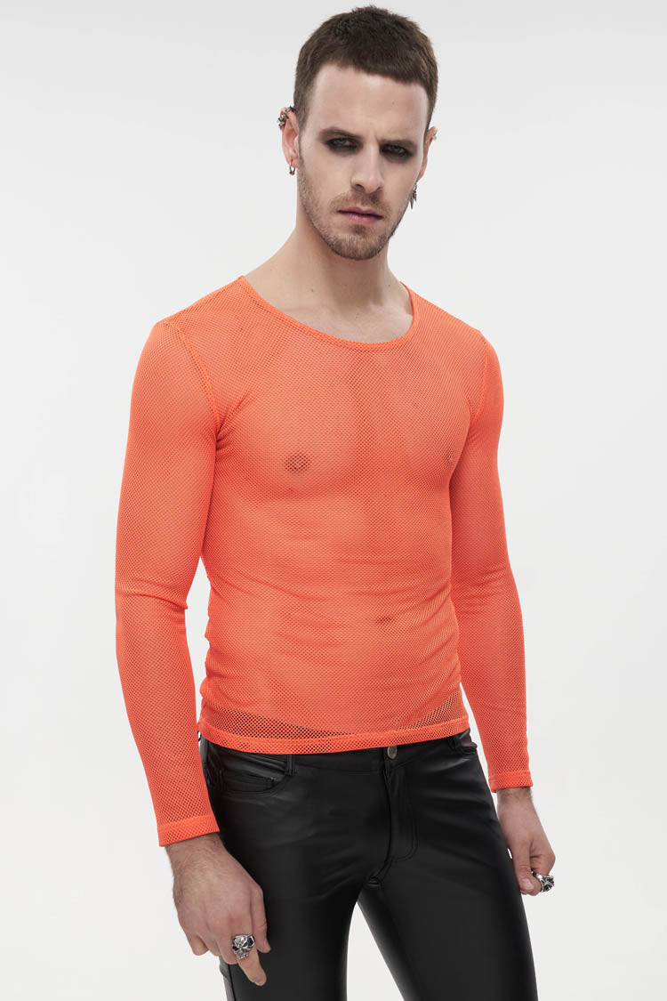 Orange Elasticity High Neck Long Sleeve Mesh Men's Gothic T-Shirt - Product - 2