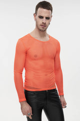 Orange Elasticity High Neck Long Sleeve Mesh Men's Gothic T-Shirt - Product - 2