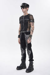 Black Round Collar Long Sleeves Spliced Slim Mesh Studded Eyelet Men's Punk T-Shirt - Product - 3