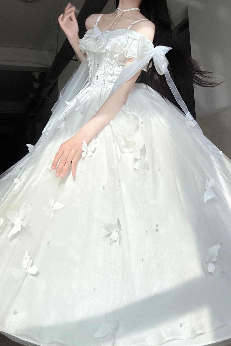 White [Summer Wind Chimes] 3D Butterfly Decoration Bowknot Sweet Lolita Jsk Dress - Product - 5