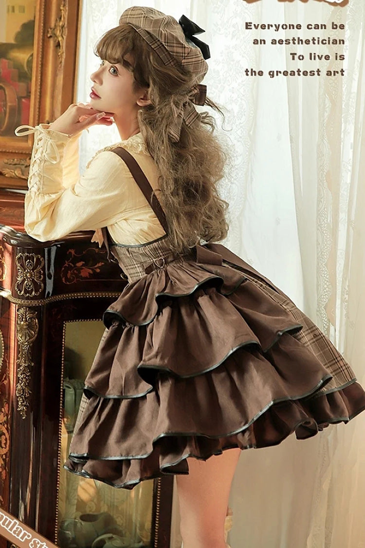 Brown Sherlock Detective Ruffle Color Matching Gothic Lolita Strap Skirt - Product - 4