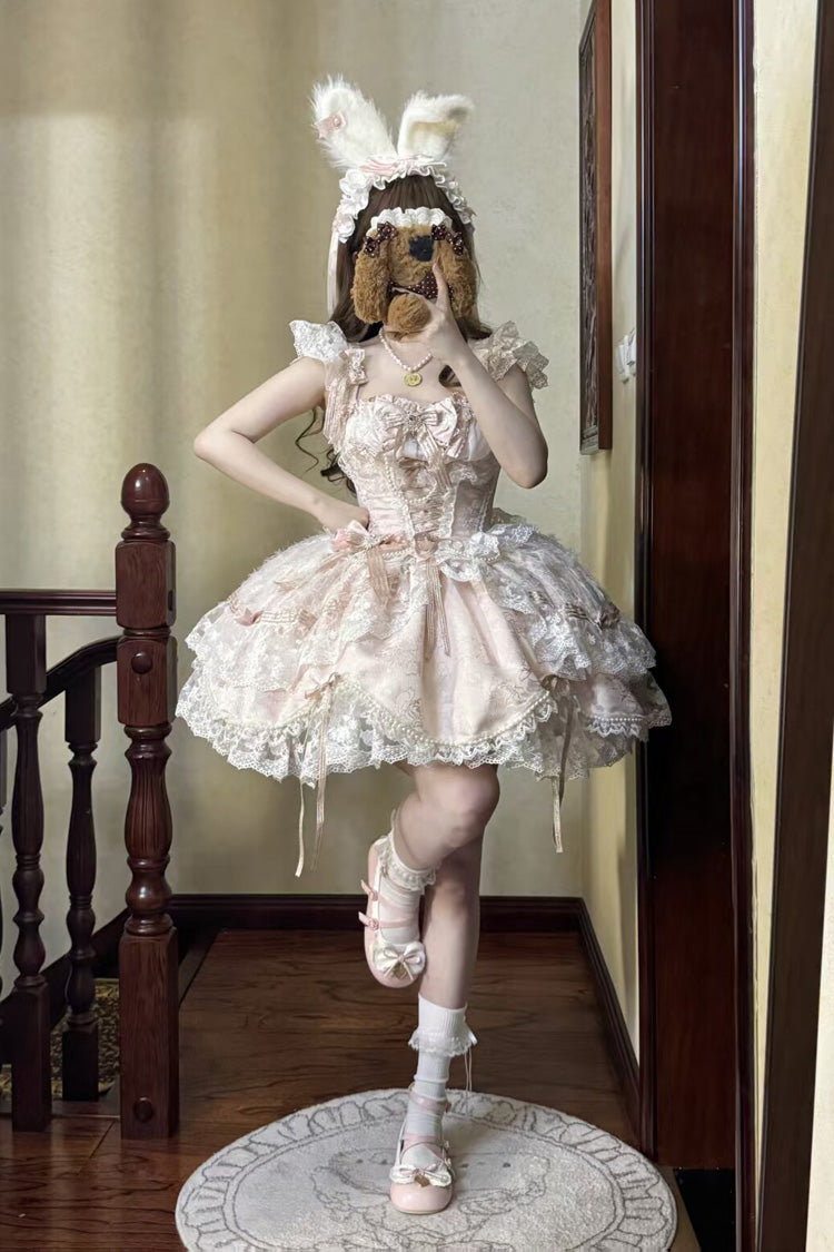 Pink [Anna’s Ball] Square Collar Ruffled Hanayome Bow Lace Sweet Princess Ballet Lolita Jsk Dress - Product - 14