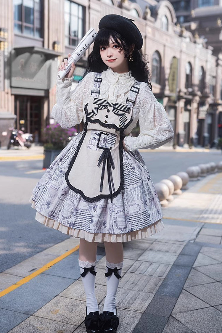 White Vintage Berlin Daily Print Removable Apron Classic Lolita Strap Dress - Product - 6