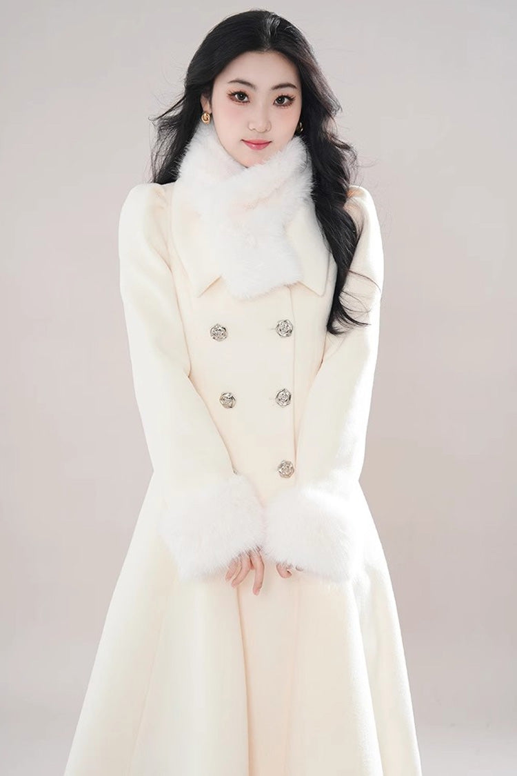 Beige Double-breasted Long Sleeves Removable Fur Collar Sweet Elegant Princess Lolita Coat - Product - 4