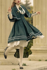 British Girl Long Sleeves Striped Print Ruffle Sweet Elegant Lolita Dress 2 Colors - Green - 1