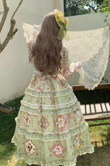 Green [Cat Rose Tea] Short Sleeves Print Ruffle Cardigan Bowknot Sweet Gorgeous Lolita Dress - Product - 7