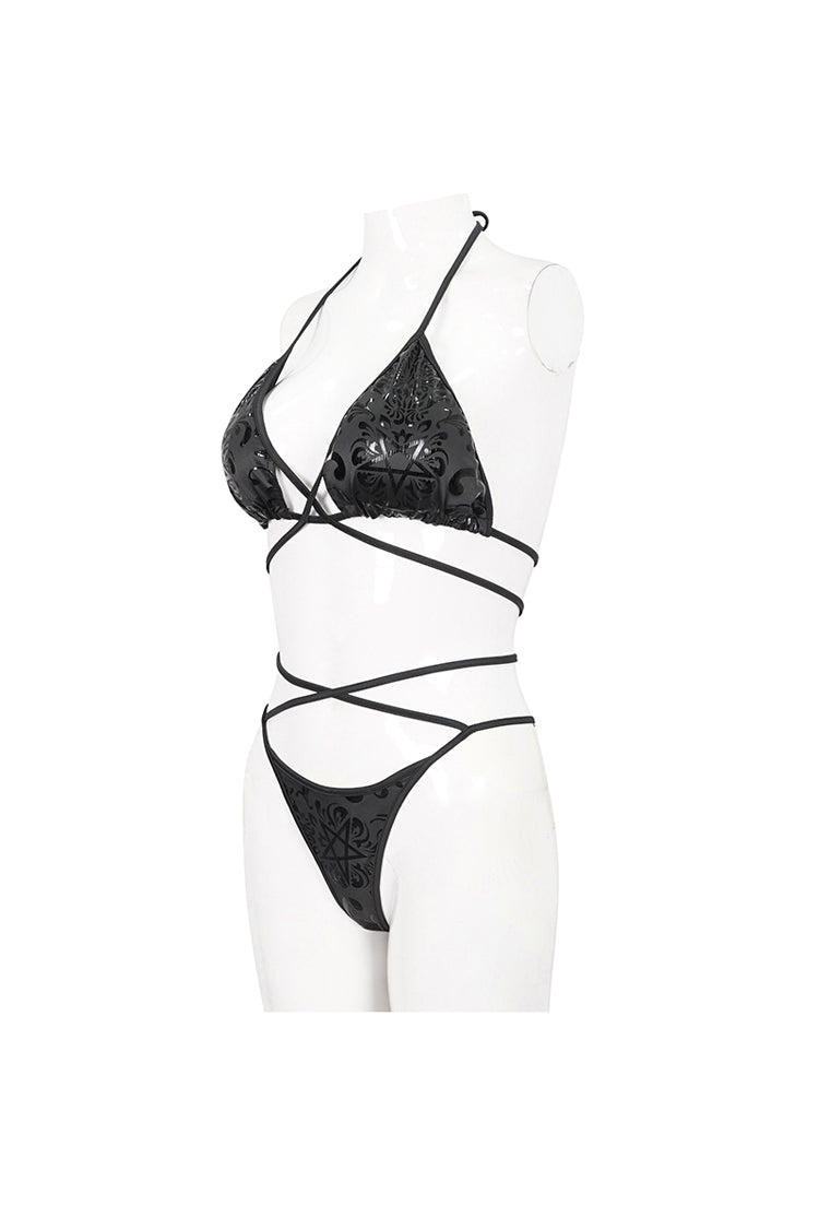 Black Pentagram Effect Print Sexy Strap Women's Gothic Swimsuit Set - Product - 6