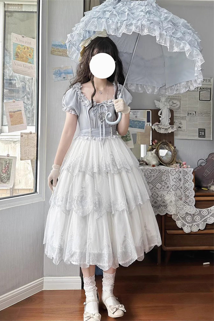 Light Blue Flower Promise Short Sleeves Multi-layer Print Sweet Elegant Princess Lolita Dress - Product - 4