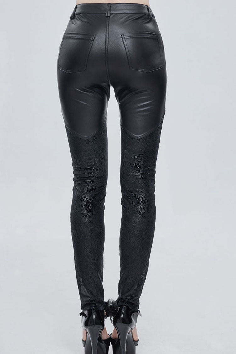 Black Gothic Metal Rose Button Leather Lace Panel Slim Fit Women's Long Pants - Product - 10
