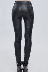 Black Gothic Metal Rose Button Leather Lace Panel Slim Fit Women's Long Pants - Product - 10