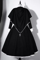Black [Nun] Long Sleeves Print Stitching Lace Gothic Elegant Lolita Dress - Product - 9