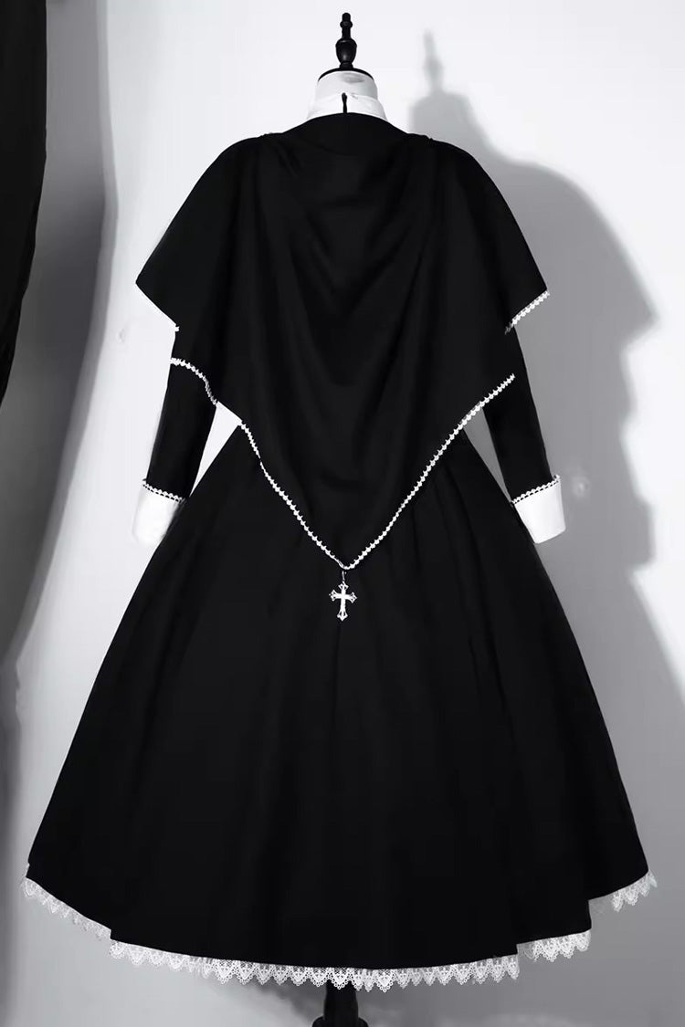 Black [Nun] Long Sleeves Print Stitching Lace Gothic Elegant Lolita Dress - Product - 9