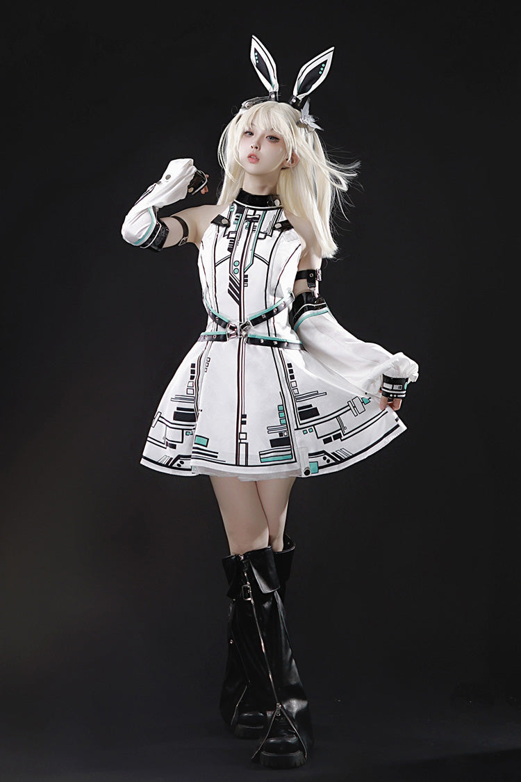 White [Mecha Battle Maiden] Stand Collar Print Futuristic Style Sweet Handsome Lolita Dress - Product - 10