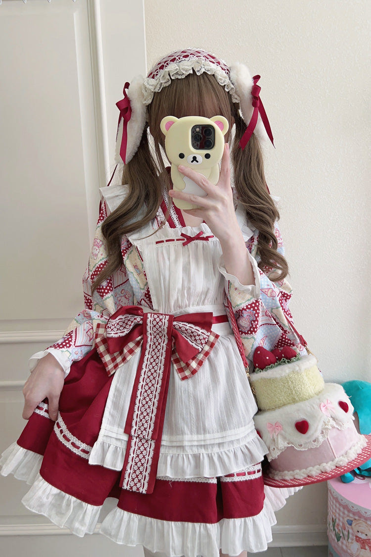 [Showa Sweet Pet] Ruffle Bowknot Sweet Japanese Maid Lolita Dress 6 Colors - Red - 1