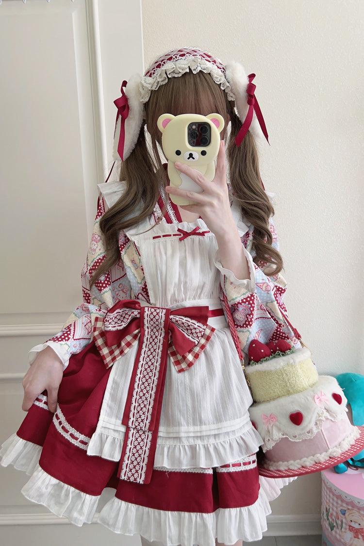 [Showa Sweet Pet] Ruffle Bowknot Sweet Japanese Maid Lolita Dress 6 Colors - Red - 1