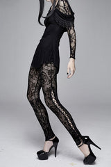 Black Flocking Printing Sexy Elastic Waistband Mesh Gothic Womens Pants - Product - 8