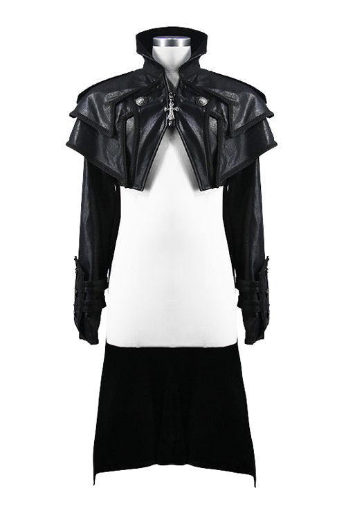 Black Punk Short Front And Long Back Cape Style Long Leather Mens Coat - Product - 4