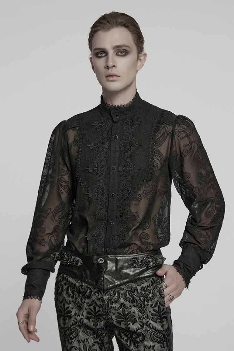 Black Stand Collar Chiffon Long Sleeves Hollow Embroidery Men's Gothic Blouse - Black - 1