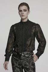 Black Stand Collar Chiffon Long Sleeves Hollow Embroidery Men's Gothic Blouse - Black - 1