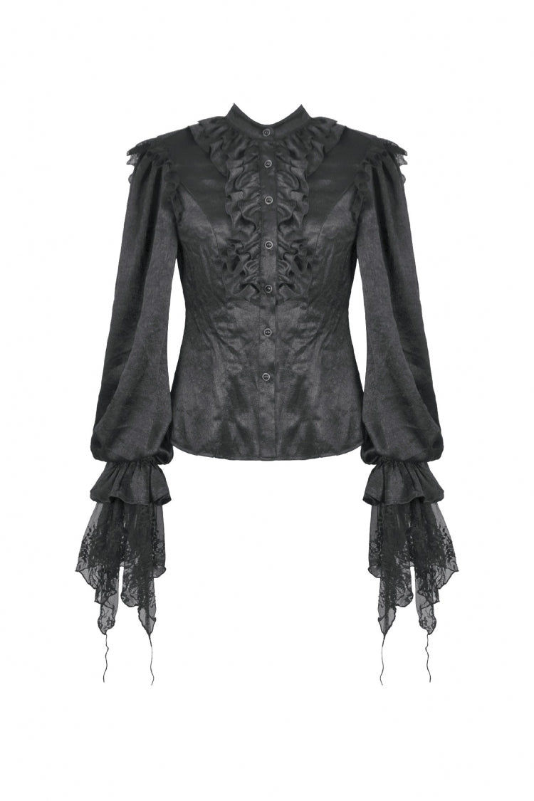 Black Long Lantern Sleeves Ruffled Spliced Lace Women's Gothic Blouse - Product - 3