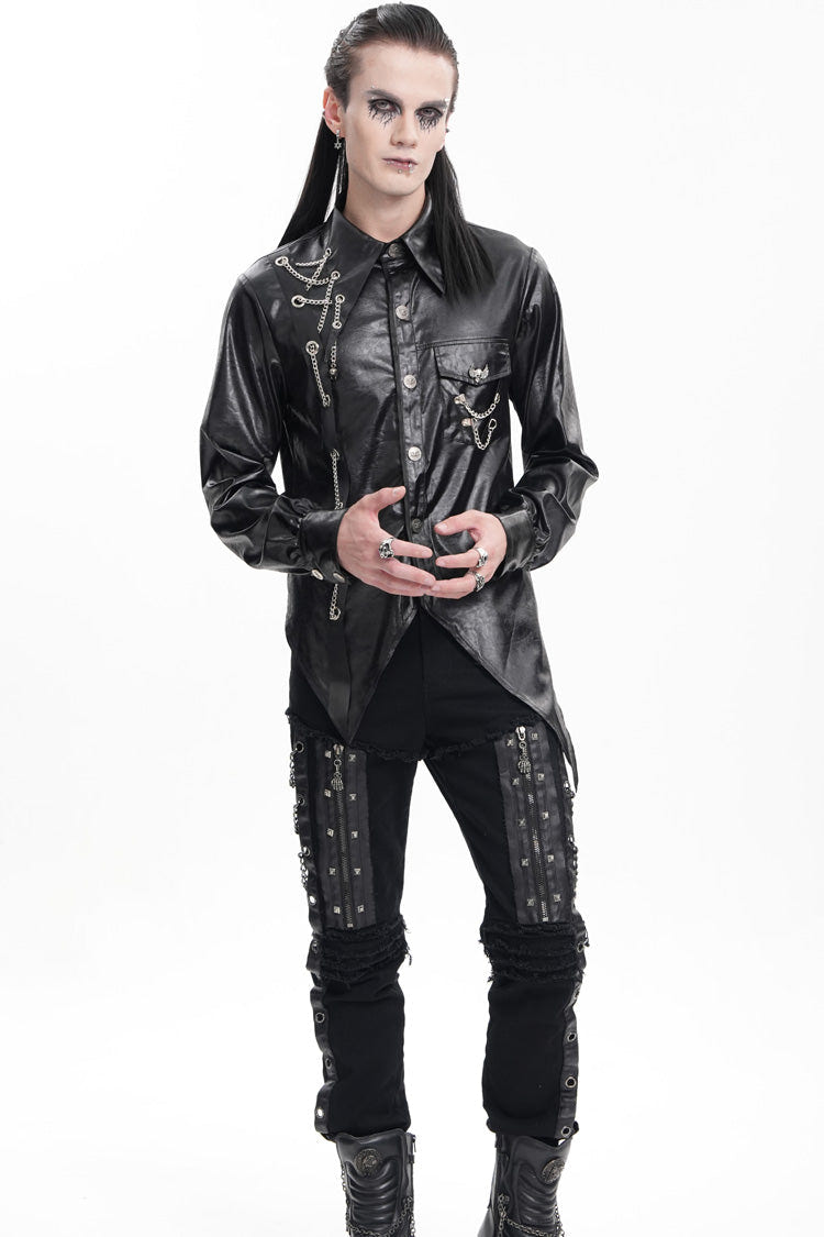 Black Long Sleeves Chain Eyelets Skull Men's Gothic Blouse - Product - 9