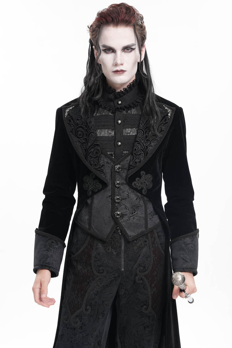 Black Long Sleeves Button Floral Embroidery Men's Gothic Jacket - Product - 4